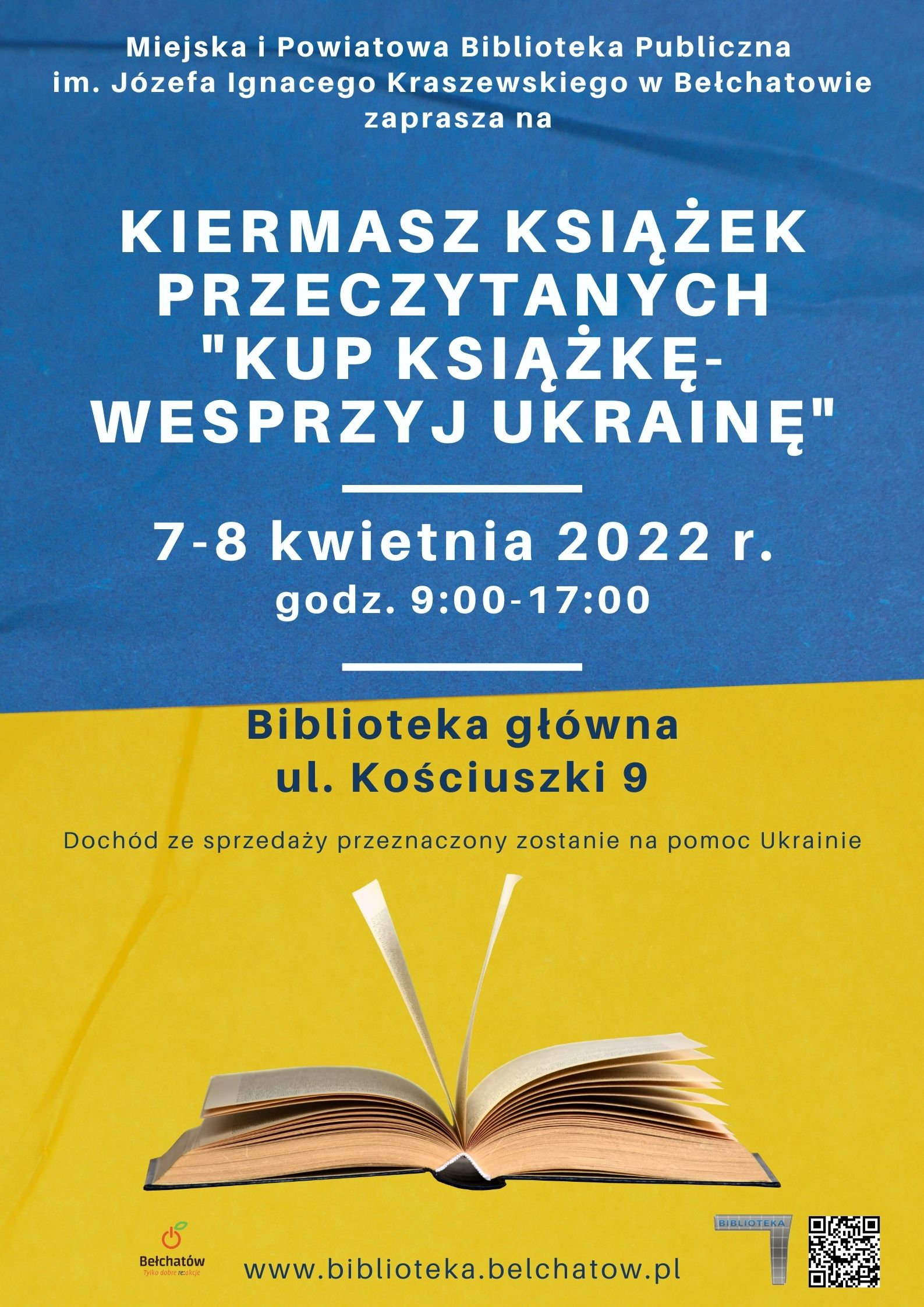Plakat promujący kiermasz książek w bełchatowskiej bibliotece