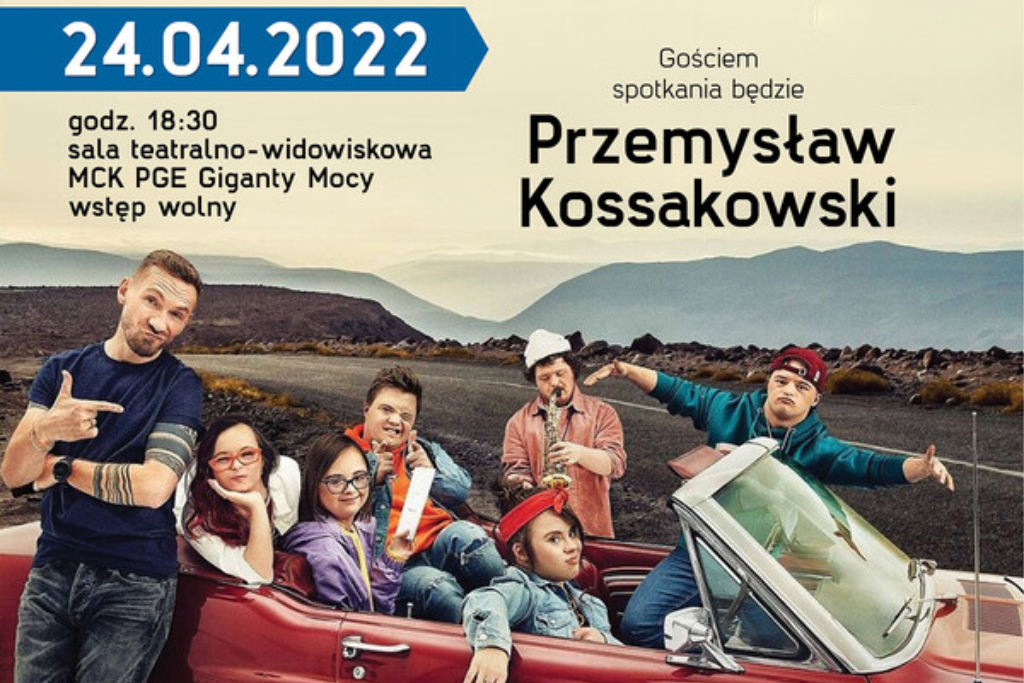 Na fotografii część plakatu promująca spotkanie z Przemysławem Kossakowskim, widać kadr z programu "Down the road"