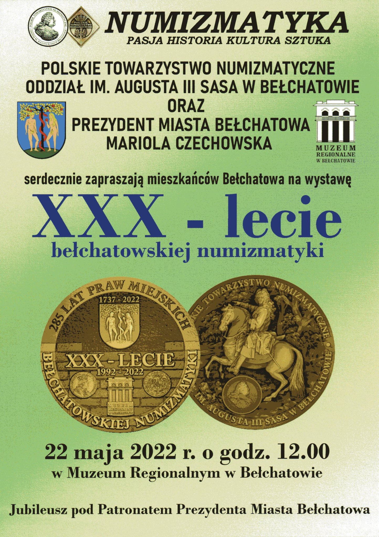Plakt informujący o wydarzeniach związanych z jubileuszem bełchatowskiej numizmatyki