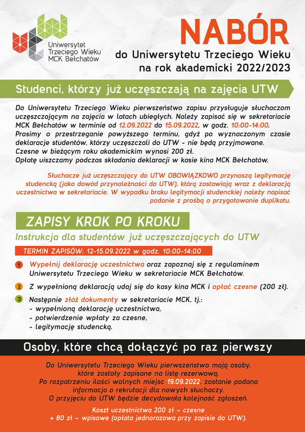 Plakat informujący o naborze na bełchatowski Uniwersytet Trzeciego Wieku 
